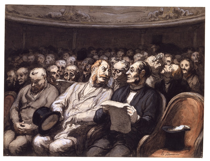 Honoré Daumier
Pause im Théâtre Français, um 1865
Schwarze Kreide, Feder, Aquarell, Lavierung und Gouache auf Papier, 24,7 x 32,7 cm