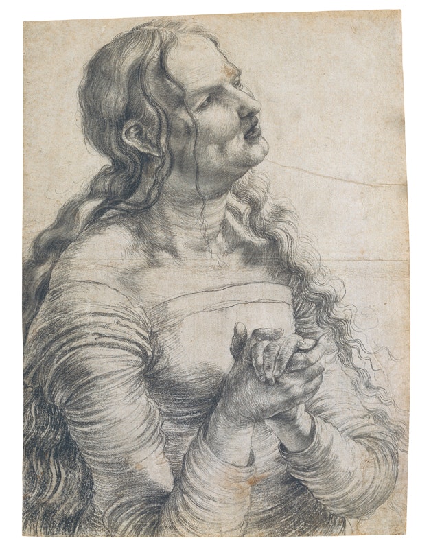 Mathis Gothart Nithart genannt Matthias Grünewald, Halbfigur einer klagenden Frau, um 1512/15, Schwarze Kreide auf Papier, 40,4 cm (links)/41,5 cm (rechts), 29,6 cm (oben)/30,2 cm (unten)