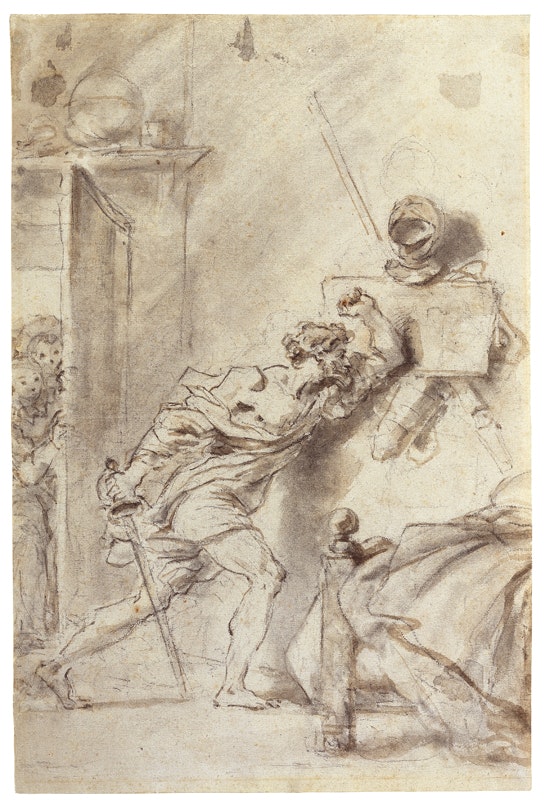 Jean-Honoré Fragonard
Don Quijotes Kampf in der Herberge, um 1780/90
Schwarze Kreide und Bisterlavierung auf beigem Papier, 42,4 x 28 cm