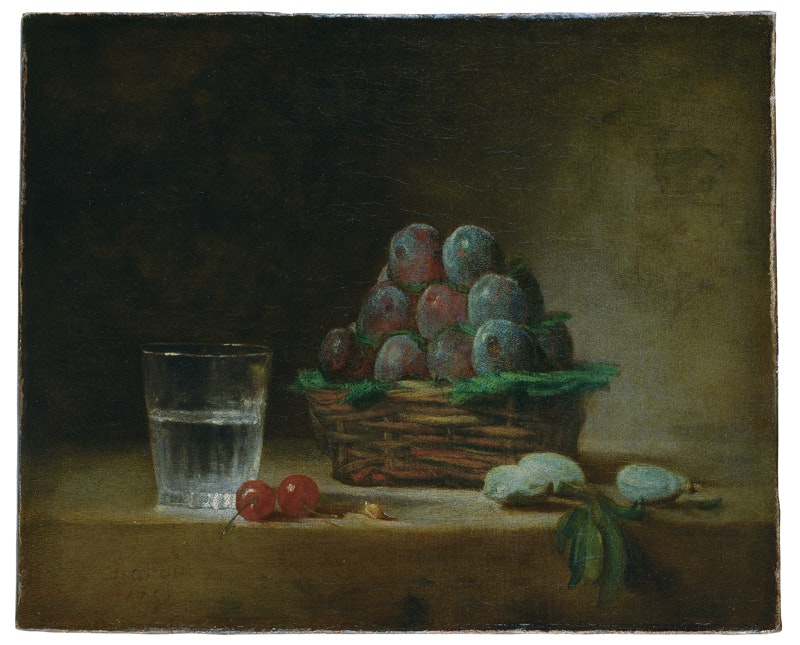Jean-Siméon Chardin
Stilleben mit Wasserglas, einem Korb Pflaumen, Kirschen und Mandeln, 1759
Öl auf Leinwand, 37 x 45,5 cm