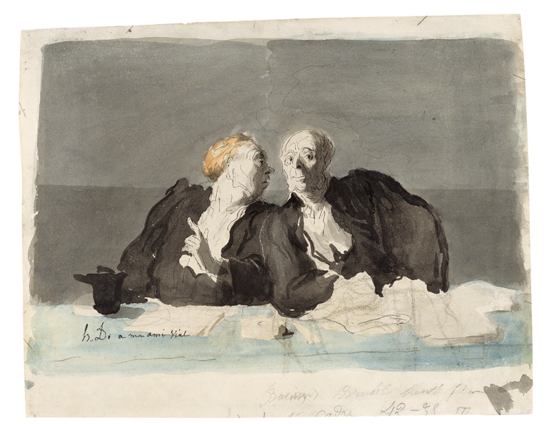 Honoré Daumier
Ein Gegenargument, um 1862
Schwarze Kreide, Feder, Aquarell und Gouache auf Papier, 26 x 33 cm