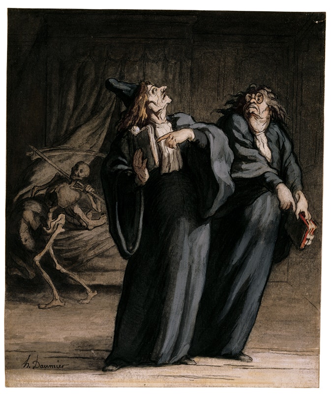 Honoré Daumier
Die beiden Ärzte und der Tod, um 1865/69
Schwarze Kreide, Aquarell und Gouache auf Papier, 27,7 x 23,1 cm