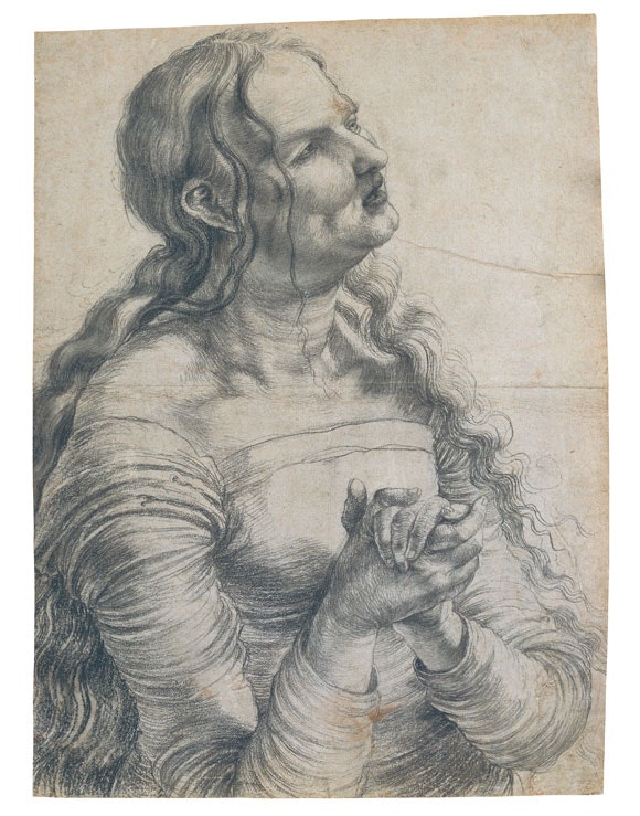 Matthias Grünewald, Halbfigur einer klagenden Frau, um 1512/15, Schwarze Kreide auf Papier, Links 40,4/rechts 41,5 u oben 29,6/unten 30,2 cm, Sammlung Oskar Reinhart «Am Römerholz», Winterthur
