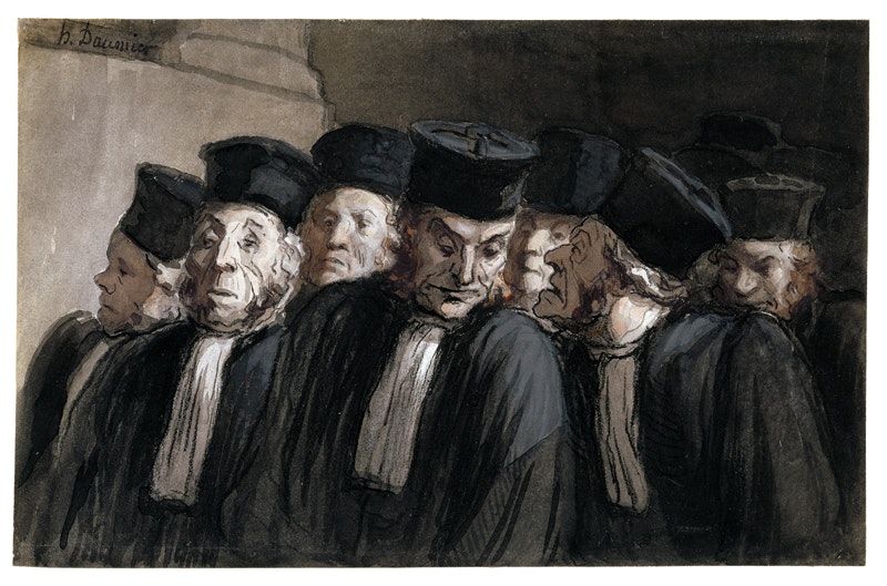 Honoré Daumier
Die Advokaten, um 1865
Schwarze Kreide, Aquarell und Gouache auf Papier, 15,2 x 23,9 cm