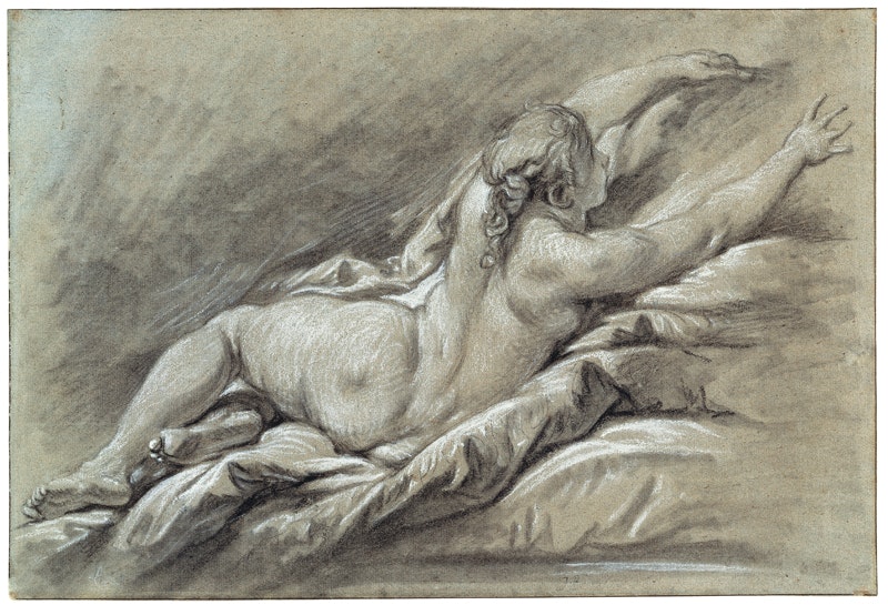 François Boucher (Paris, 1703 – Paris, 1770)
Liegender Rückenakt , um 1750/53
Schwarze und weisse Kreide auf blauem Vergé-Büttenpapier, 26 x 39 cm