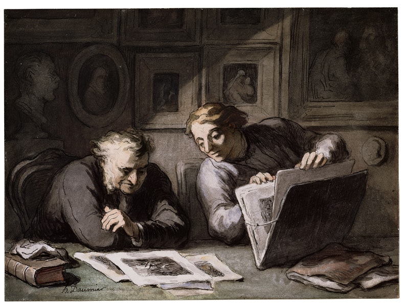 Honoré Daumier
Two Print-lovers c. 1860–63
Pen and ink and watercolour on paper, 18 x 24,4 cm