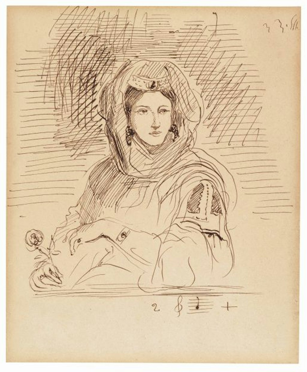 Eugène Delacroix, L’Algérienne à la rose (Pauline Villot in an Algerian costume), ca. 1833, Pen and brown ink, 18,5 × 15,5 cm, Thaw Collection, The Morgan Library & Museum, New York