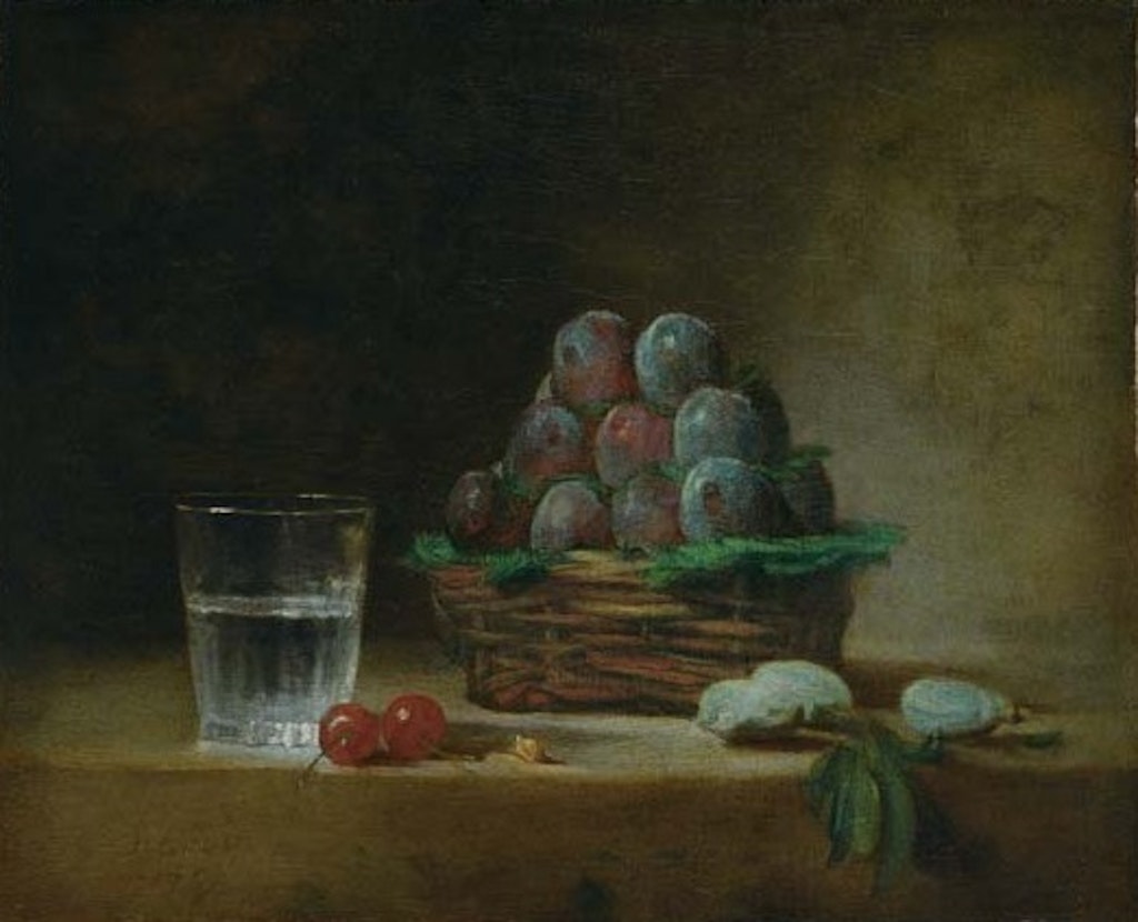 Jean-Siméon Chardin (1699–1779), Stillleben mit Wasserglas, einem Korb Pflaumen, Kirschen und Mandeln, 1759, Öl auf Leinwand, 37 x 45,5 cm, Sammlung Oskar Reinhart «Am Römerholz», Winterthur