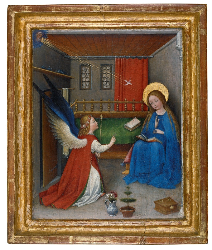 Maître du Rhin supérieur
L’Annonciation, vers 1420-1430
tempera sur bois de chêne, 23,5 x 19 cm