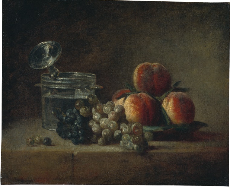 Jean-Siméon Chardin, Pêches et raisins avec un rafraîchissoir, vers 1759, huile sur toile, 37 x 45,5 cm