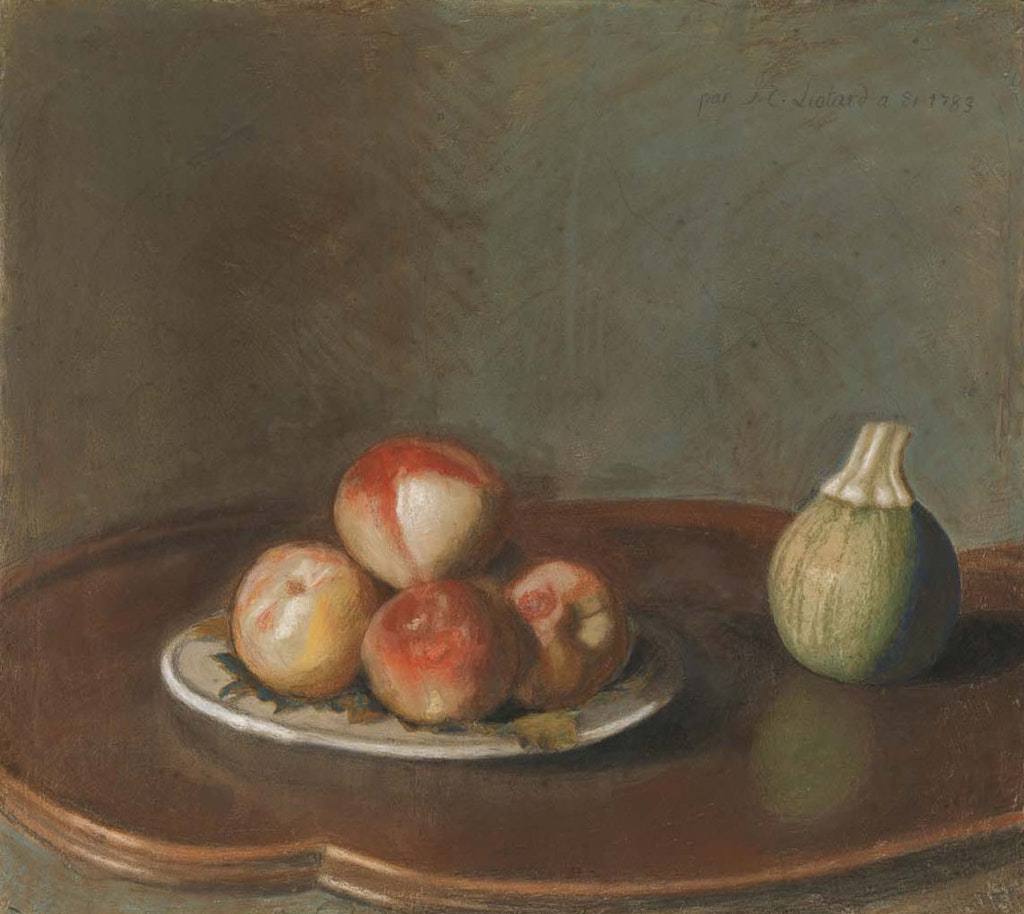 Jean-Etienne Liotard (1702–1789), Stillleben mit Pfirsichen und Kürbis, 1783, Pastell auf Papier, auf Leinwand, 32 x 35,5 cm, Museum Oskar Reinhart am Stadtgarten, Winterthur