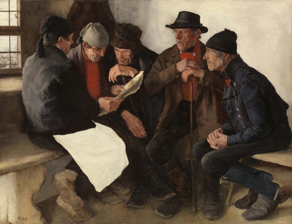 Wilhelm Leibl (1844–1900), Die Dorfpolitiker, 1877, Öl auf Holz, 76 x 97 cm, Museum Oskar Reinhart am Stadtgarten, Winterthur