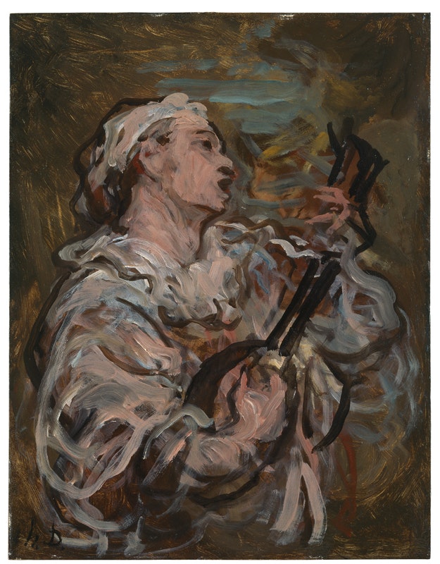 Honoré Daumier
Pierrot che canta con mandolino, attorno al 1873
olio su legno, 35 x 27 cm